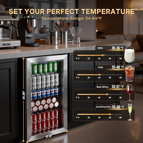 Image of Manastin 3.1 Cu.Ft Beverage Refrigerator, 126 Can Glass Door Mini Fridge | Reversible Glass Door, 34-64F Adjustable Thermostat, Freestanding Drink Cooler for Soda, Beer & Home Bar