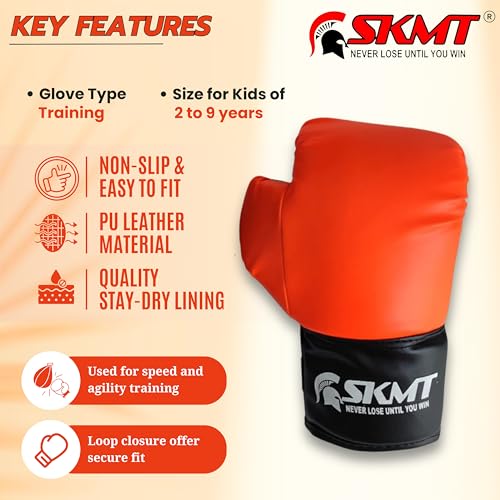 Image of SKMT PU Leather Boxing Gloves for Kids, Available in 2-9 & 7-14 Year Child Gloves (Orange, 2-9 Year Child Gloves)