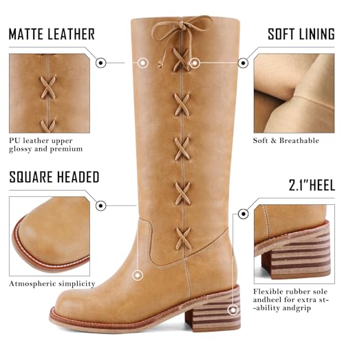 Image of UBWDU Women's Knee High Boots Chunky Block Heel Long Boots Square Toe Low Heel Boots for Women
