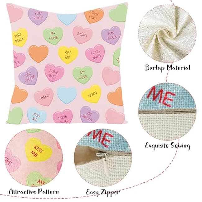WATINC 4Pcs Valentine¡¯s Day Candy Conversation Cute Heart Throw Pillow Covers, Burlap Hearts Love Cushion Case Decoration for Sofa Couch, 2 Designs Square Valentine Theme Party Home Decor (18 x 18 In)