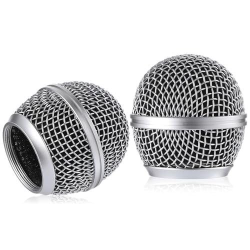 Microphone Head Replace Microphone Cover Microphone Windscreen Microphone Pop Filter Microphone Ball Head Mesh with Inner Foam Microphone Replacement Grille for Shure Sm58, 2 Pcs, Silver