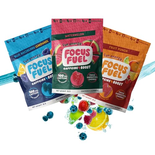 FocusFuel Energy Chews Trial Size Variety Sample Pack (9 Servings) 100mg Caffeine + Alpha GPC + L-Theanine + B12 Magnesium Blue Razzberry Lemonade Watermelon Fruit Punch No Crash or Jitters