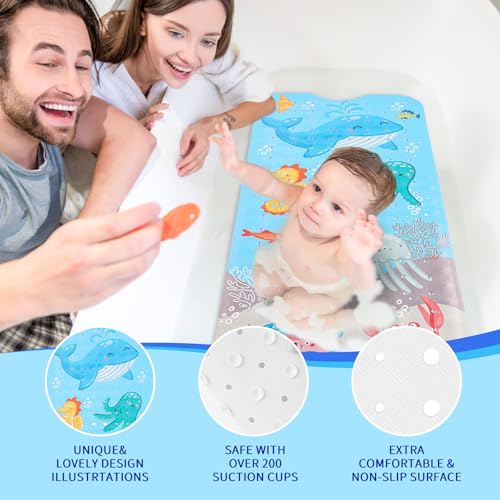 Image of PRATIQUE Kids Bath Mat for Tub Non Slip，40 X 16 Inch Extra Long Kids Bathtub Mat Ocean Bathtub Shower Mat Safety Anti Slip with Suction Cups and Drain Holes, Machine Washable（Blue Whale）