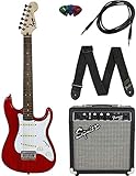 Squier by Fender Short Scale Stratocaster Pack with Frontman 10G Amp, Cable, Strap, and Picks - Red