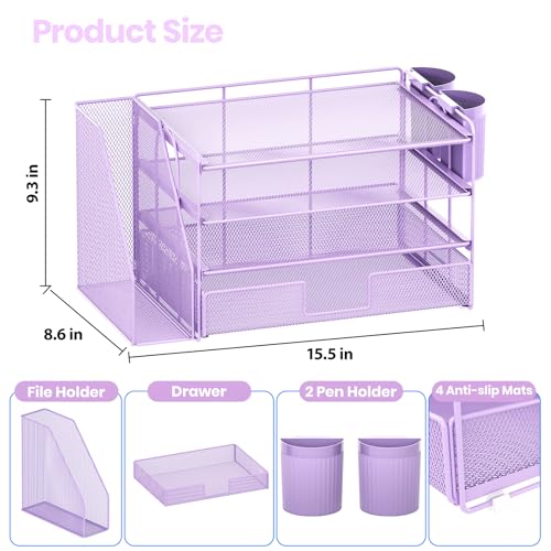 Image of OPNICE Desk Organizer, 4-Tier Desktop File Organizer with Drawer and Pen Holders, Office Desk Accessories, File Sorters, Workspace Organizers for Office Supplies(Purple)