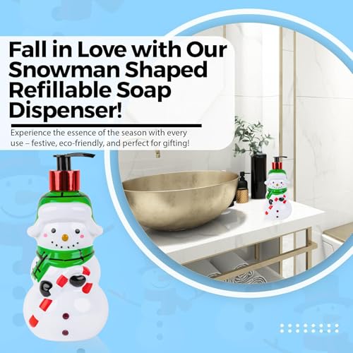 Image of Simple Pleasures Snow Frosting Hand Soap Dispenser - 16.9 fl oz Refillable Holiday Soap, Ceramic Snowman Design with Candy Cane & Green Scarf - Festive Winter Bathroom & Kitchen Decor Gift