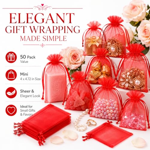 Image of Hopttreely Red Organza Gift Bags 50PCS, 4x4.72 High-Density Mesh Drawstring Favor Pouches for Small Business, Jewelry, Wedding Party Favors, Candy, Goodie Bags & Storage