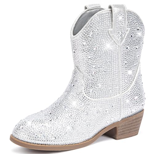 Motasha Girls Cowgirl Boots Cowboy Boots Silver Kids Rhinestone Glitter Girls Boot Sparkle Little Girl 8 Big Kid Toddler Size 13 Sparkly Western Fall Party Dance (M7132 Silver 13)