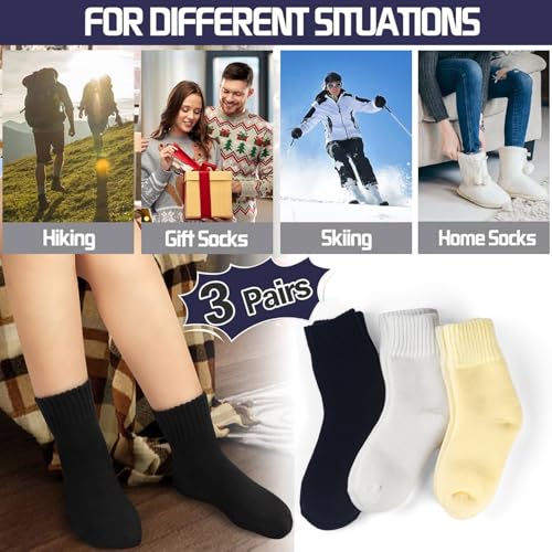 Image of 3 Pairs Winter Socks for Women Thermal Insulated Solid Thick Warm Cozy Crew Socks Christmas Gift