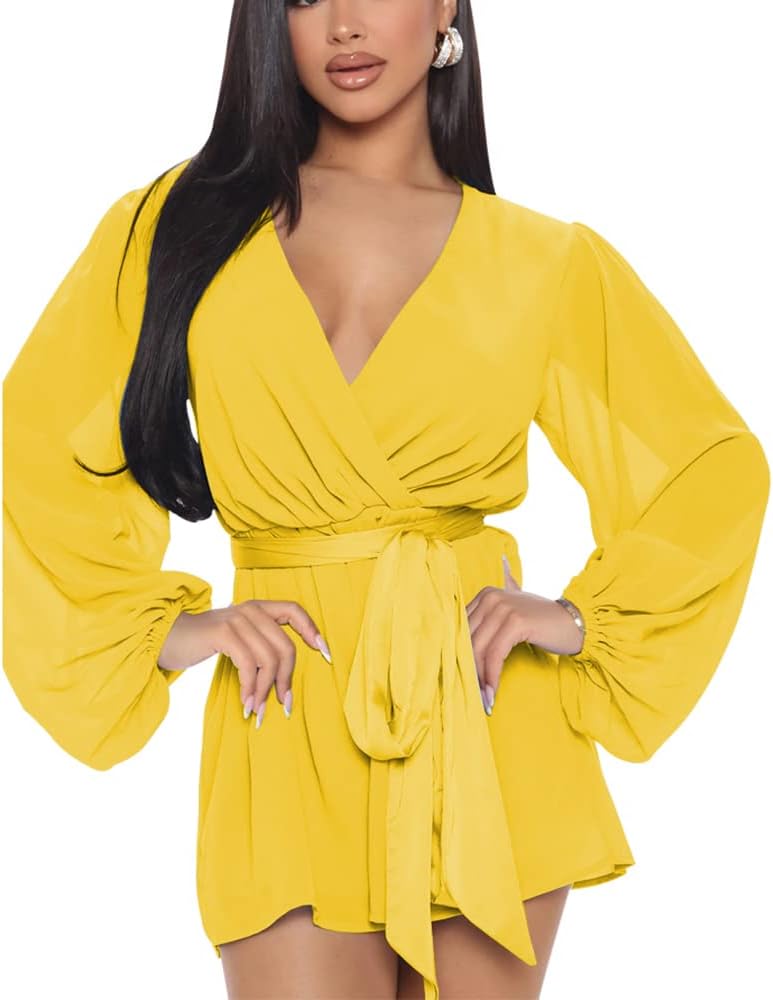 SheKissWomen Long Sleeve Flowy Summer Romper Sexy V Neck Ruffle Boho Chiffon Shorts Jumpsuits