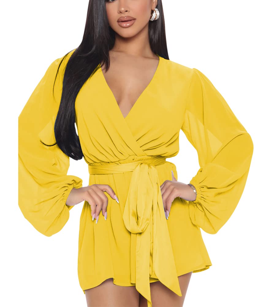 SheKissWomen Long Sleeve Flowy Summer Romper Sexy V Neck Ruffle Boho Chiffon Shorts Jumpsuits