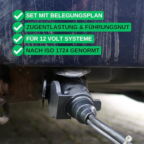 7 poliger Anhänger Stecker, 1 Pack, Hartplastik-Gehäuse, 7pin Stecker nach ISO 1724 genormt, 7 Pin Hänger Adapter 12V Systeme, Zugentlastung, 7pol Anhängerstecker für 7 pol Steckdose, 13-7 Adapter