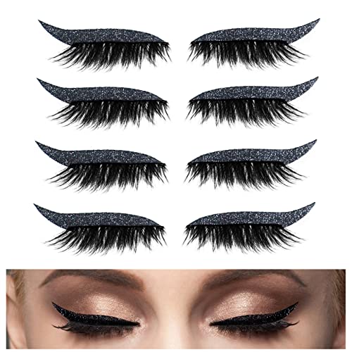 False Eyelashes Reusable Self-Adhesive Eyelashes Eyeliner and Eyelash Stickers Natural & Waterproof Makeup Thick Fake Eyelashes Invisible Eye Line Strip Stickers 4 Pairs (Black)