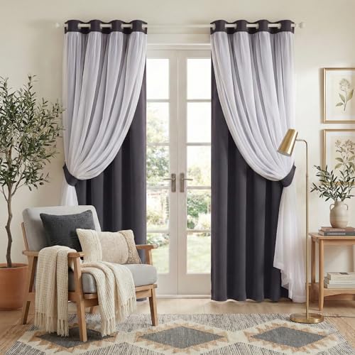 Image of PONY DANCE Double Layer Curtains, 52 by 84 inches, Grey, 2 PCs | 84 inches Long for Living Room Blackout Curtains & Drapes with White Crushed Voile for Bedoom