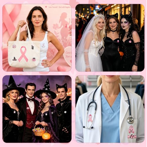Image of SANNIX 60Pcs Halloween Breast Cancer Pin Pink Ribbon Bulk Accessories | Pink Ribbon Halloween Pins Bulk, Creative Spooky Pink Design, Meaningful Charity Gift for October Breast Cancer Walks