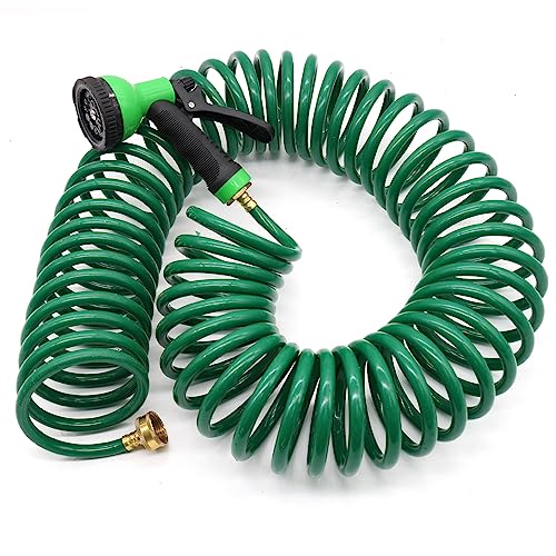 Besiter Coil Hose 50ft, EVA Recoil Garden Hose Brass Connector, Coiled Water Hose Lightweight and No Kink Includes 10 Patterns Spray Nozzle for Outdoors Lawn Watering, Car Washing Green