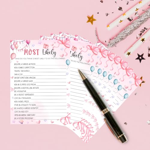 Image of Pink Slumber Party Games Card - Sleepover Stuff - Coquette Pink Bow Themed Sleepover Slumber Party Supplies -Birthday Night Games Creative Idea -Most Likely- 20 Game Cards