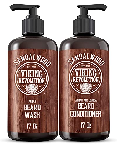 Viking Revolution Beard Wash & Beard Conditioner Set with Argan & Jojoba Oils - Softens and Strengthens - Natural Sandalwood Scent - Beard Shampoo with Beard Oil (17 oz)