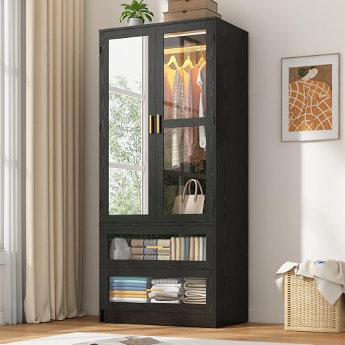 Armadio a specchio con stile e funzione: questo moderno ed elegante armadio autoportante con cassetti è dotato di specchi funzionali. Non solo servono come decorazione elegante, ma espandono visivamente lo spazio del 35%, consentendo di controllare immediatamente il tuo outfit. Il design a specchio integrato con cassetti a vista combina perfettamente lo stile moderno con le funzioni quotidiane.