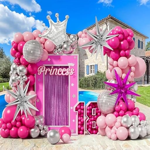 Juego de 145 globos de color rosa y plateado, con bola de discoteca de plata rosa, globos para princesa, fiesta temática, cumpleaños, niñas, baby shower, aniversario, decoración de boda | Ya disponible en tu tienda friki favorita! En mundofriki.es!