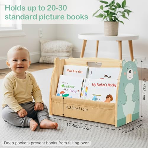 Image of Toddler Bookshelf Double-Sided with 4 Tier Deep Sleeves Kids Wooden Montessori Book Rack for Baby Nursery Room, Playroom, Classroom or Bedroom Bookcase Storage Organizer, Green Bear