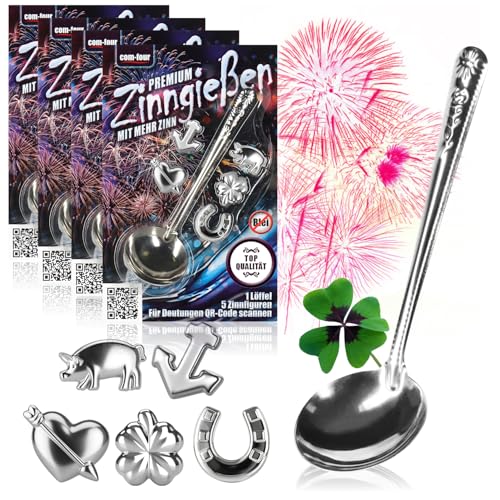 com-four® Zinngießen mit 20 schweren Figuren und 4 Löffel, Silvestergießen das Wahrsagerei-Partyspiel die gesunde Alternative zum Bleigießen - Family Pack (Komfort - 3g - 24-teilig)