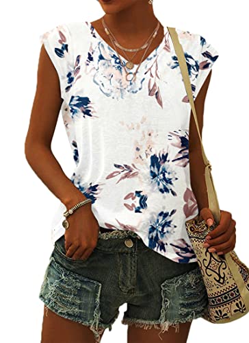 WNEEDU T-Shirt Damen Sommer V Ausschnitt Tank Top Locker Bluse Oberteile Top Sommer Damen Leicht und Luftig mit Flügelärmeln Weiße Blume L