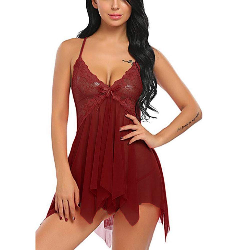 Lencería de Encaje Abierta con Tanga, Espalda Descubierta, Escote en V, camisón de Malla Transparente, Ropa Interior, camisón de Dormir (Vino Rojo S) L