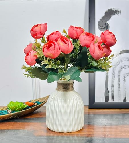 Image of Dekorly Faux Silk, Plastic Artificial Peony Flowers Bunch | White Vase with Flowers Bunch | Artificial Plants for Home Office Hotel Decor | Bedroom Living Room Bathroom Decor (Peach, Height : 30CM)