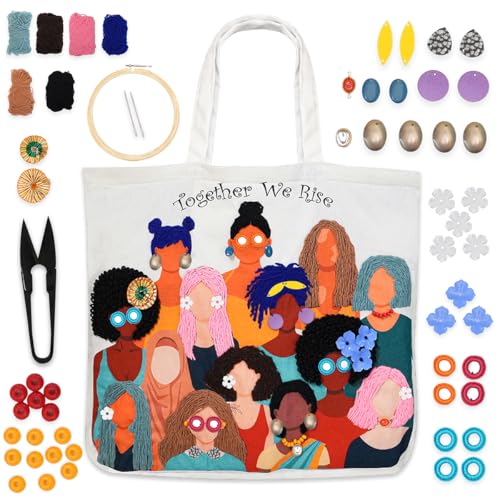 Image of picknMAKE DIY Embroidery Tote Bag for Women - Aesthetic & Stylish Office Bag with Digitally Printed Design | 18 inch x 15 inch with Zipped Pocket | Complete Kit with Wool, Needles, Sequins and Embellishments