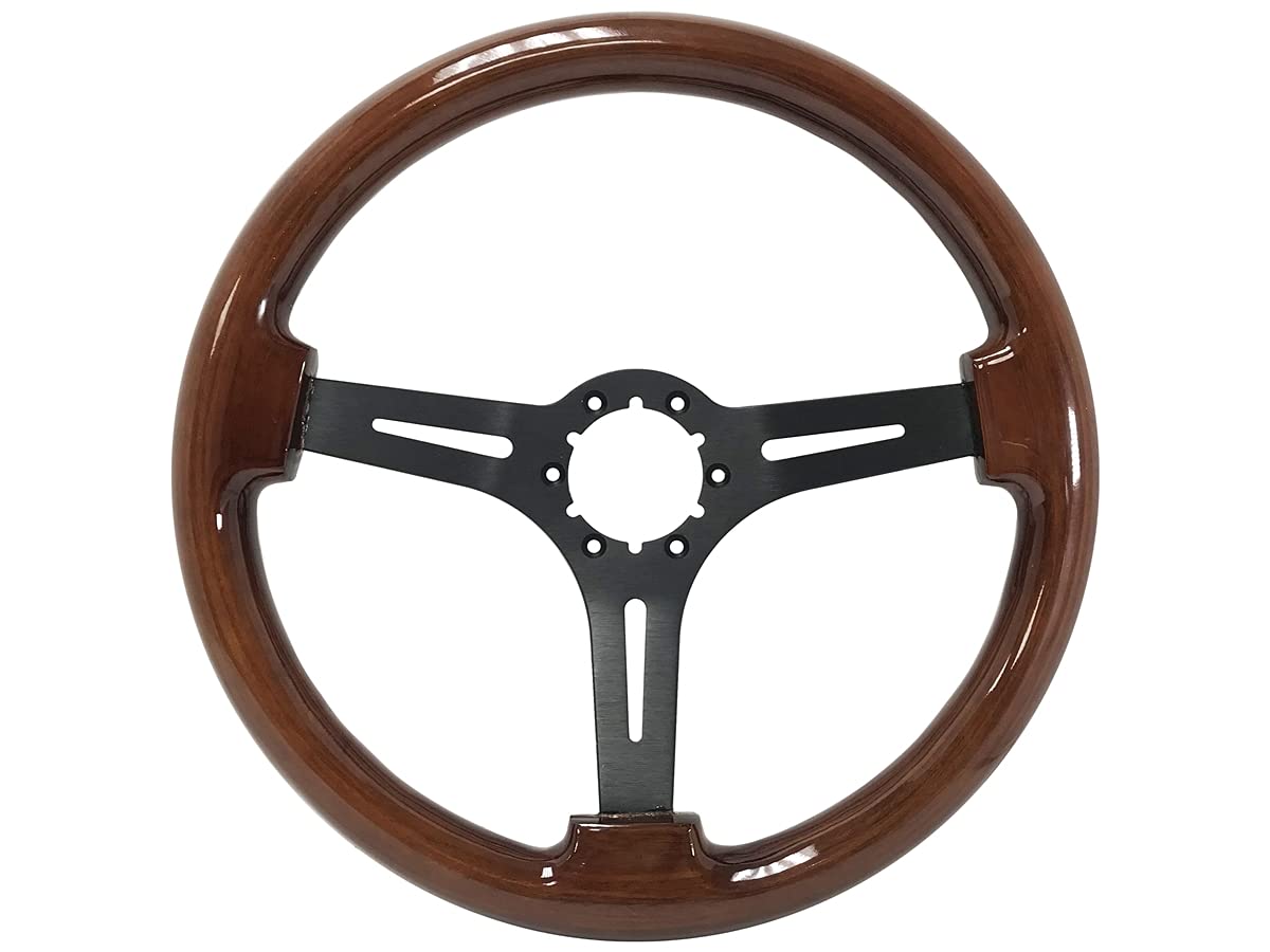 VSW S6 Wood Steering Wheel, Mahogany 6 Bolt Black Slotted 3-Spoke ST3027