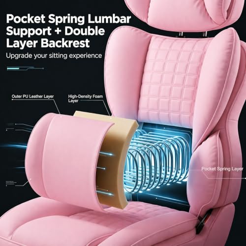 Image of Big and Tall Office Chair 350 LBS, Scratch-Resistant PU Leather Executive Office Desk Chair with Footrest, Ergonomic Reclining Computer Chair with Pocket Spring Support for Home Office, Pink