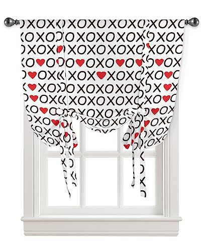 Yukro Tie Up Curtains Window Shades, Happy Valentine's Day Heart Shape Grey Pattern Rod Pocket Tie Up Window Shade, Adjustable Balloon Curtain Shade for Blinds Kitchen Bathroom, 1 Panel, 52