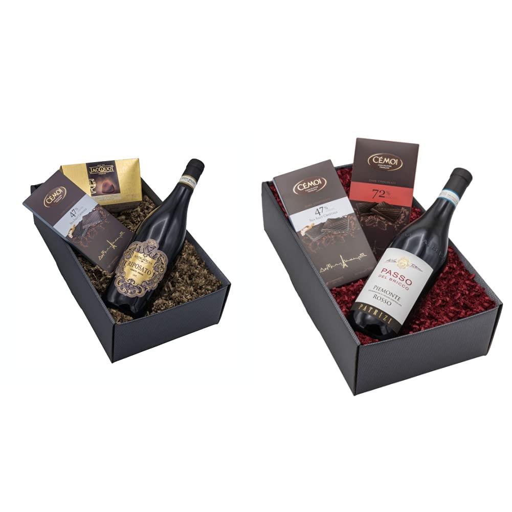 Präsentkorb „Sinneszauber“ Italienischer Rotwein Riposato und französische Schokoladentrüffel & Geschenkset „Rosso Passo“ mit Wein und Schokolade in einem schönen Geschenkkarton