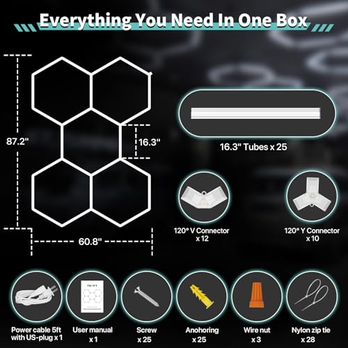 hexagon garage lights 168w 25 pack 5 grids led garage lights - easy install 6500k super bright honeycomb light for workshop warehouse car detailing shop exhibition hall gym