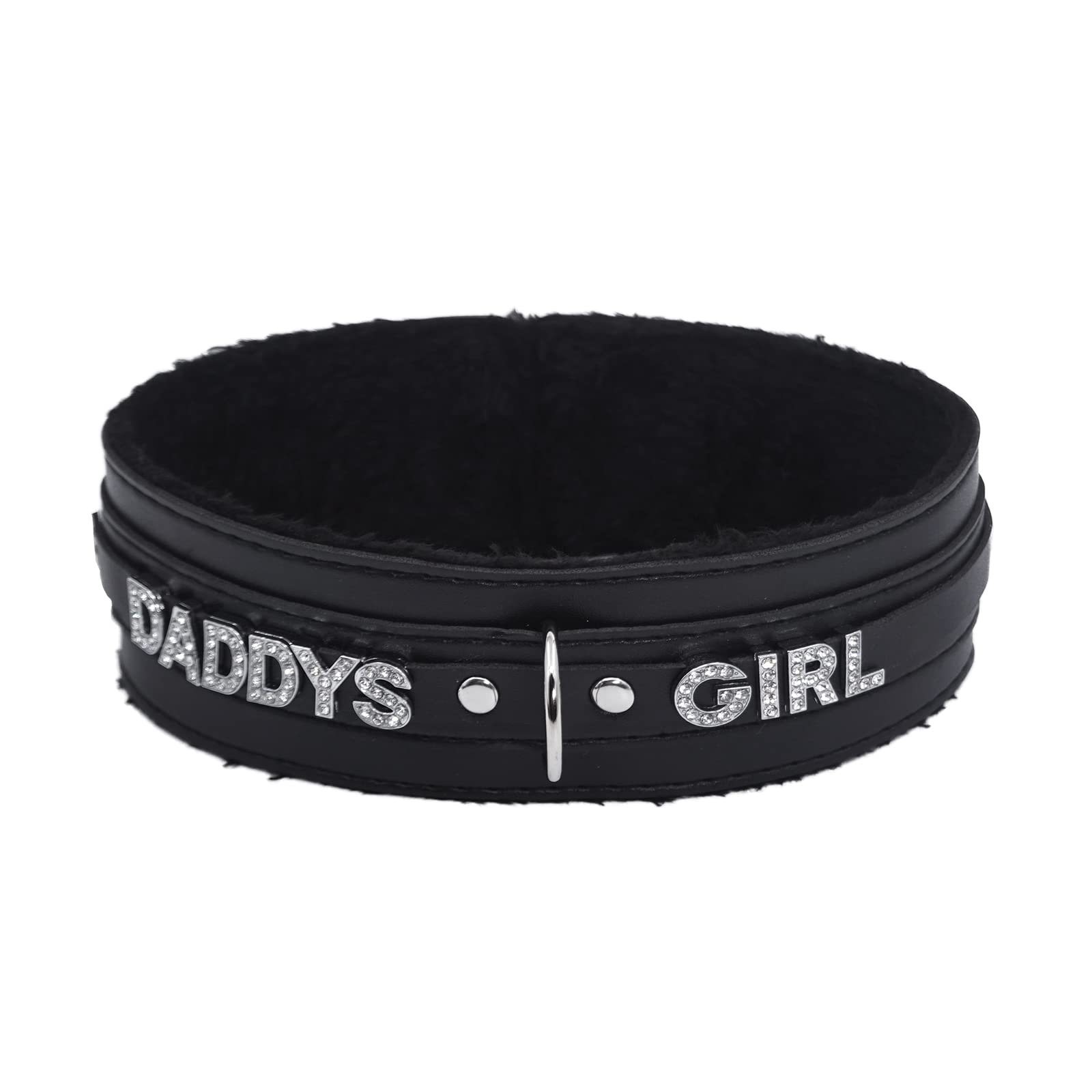 paloli Women Pink Leather Choker Necklace, Punk Gothic Black Fluffy Name Letters Collar Leash Neck Jewelry