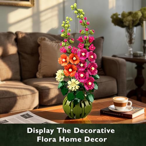 Image of CUBIMANA Flowers Botanicals Alcea Rosea Building Set for Adults, Ages 12+ | Artificial Flowers & Plants for Home Office, Bedroom or Desk Decor, 974PCS Birthday Christmas Housewarming Gift for Women Men