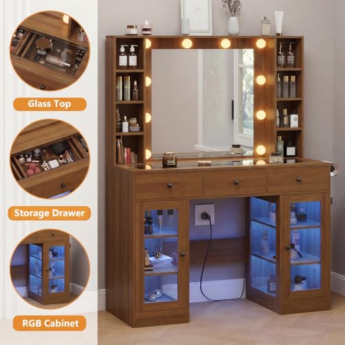 Image of HUANLEGO Walnut Vanity Desk with Mirror and Lights, Glass Top Vanity with Lighted Mirror & RGB Glass Cabinet and 3 Drawers, Makeup Vanity Desk with Lights Dressing Table for Bedroom, 3 Color Modes
