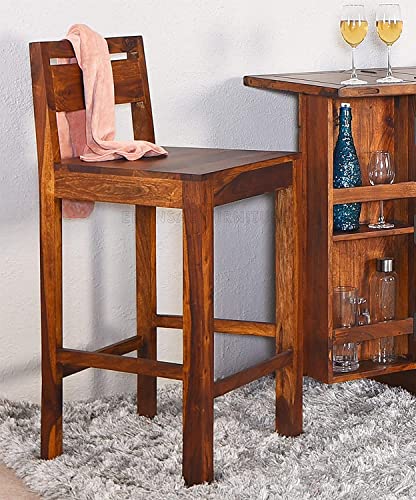Image of Solid Wood Bar Chairs | Long Bar Chair for Kitchen | Set of 2, Sheesham Wood, Natural Finish