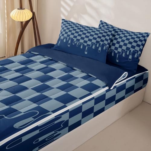 Image of Gingham Navy Blue Checkered Zipper Bedding Full SizeCheckerboard Drip Zip Up Bedding Set for Teens Adults,Y2K Aesthetic Trendy Modern Geometric Bed in a Bag Grid Plaid Comforter with Fitted Sheet