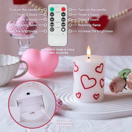 Image of Valentines Day Heart Candles, Real Wax Flameless Pillar Candles with Remote, Real Wax Flickering LED Pillar Candles Valentine's Day Candles Gifts for Her Him Wife Mom Home Party Decor, 3 Pack