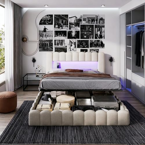 BRILVERDE Polsterbett 160×200 cm, Hydraulisch Stauraumbett, Doppelbett mit LED und USB, Jugendbett mit Stauraum Kopfteil, Bettgestell mit Lattenrost, Leinen (Beige, 160 x 200 cm) BRILVERDE Polsterbett 160×200 cm, Hydraulisch Stauraumbett, Doppelbett mit LED und USB, Jugendbett mit Stauraum Kopfteil, Bettgestell mit Lattenrost, Leinen (Beige, 160 x 200 cm)