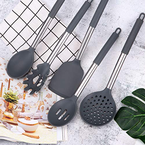 Silicone Cooking Utensils Set, COPLIB Kitchen Utensils|35 Pcs Cooking Utensils Set with holder, Non-stick &Heat-Resistant Cookware with Stainless Steel Handle - Gray - Thumbnail 5