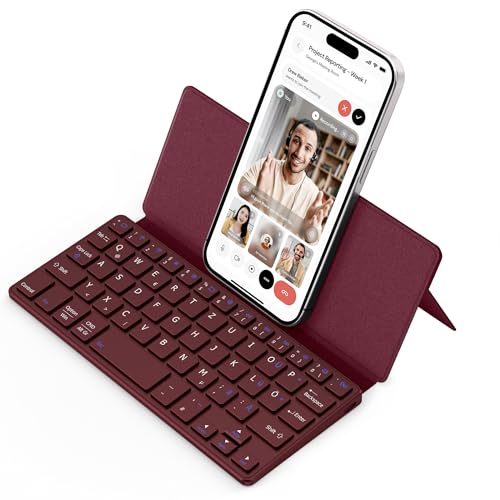 CACOE Mini Bluetooth Tastatur mit Ständer für Handy Ultraflache Tragbare Faltbare Dual-Channel QWERTZ Tastatur mit Stellhalterung für Smartphone und mehr iOS Android Windows Rotwein