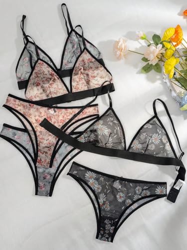 Women's 3 Pack Floral Print Mesh Lingerie Set Wireless Low Rise Sheer Matching Bra and Panty Set3