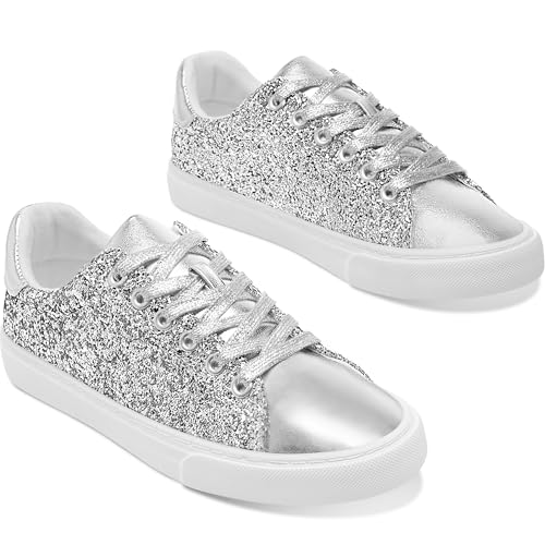 AISFAES Glitter Sneakers Sparkly Low Top Sequins Sneakers Lace Up Tennis Shoes Comfort Bling Shoes...