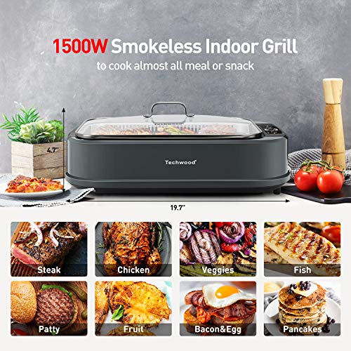 Indoor Smokeless Grill, Techwood 1500W Electric Bbq Grill With Temperature Control, Korean Grill Removable Grill & Griddle Plates, Tempered Glass Lid #TOP4
