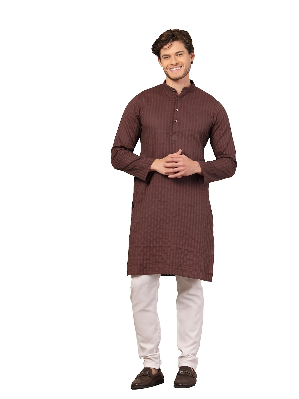 fabric fitoor Men's Cotton Dobby Solid Straight Knee-Length Casual Kurta (Coffee Brown)-picture-56