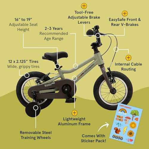 Image of Retrospec Koda Plus Kids Bike for Boys & Girls Ages 2-3 Years - 12 inch Children's Bicycle, Adjustable Seat & Handlebars, Removable Training Wheels, Front Hand Brakes, Rear Coaster Brake & Safety Bell