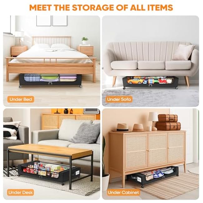 Under Bed Storage with 360¡ã Wheels, 2-Pack, 60L Low-Profile Rolling Underbed Bins for Clothes, Shoes, Toys & Books,Easy Pull-Out, Dust Protection, Space-Saving Organizer for Bedroom/Dorm, Black